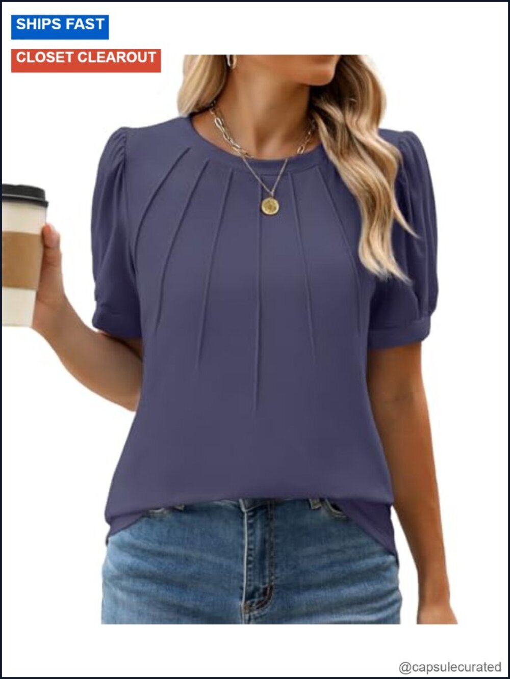 Short Sleeve V-Neck Tunic Blouse - Puff Sleeve, Asymmetrical Hem, Business